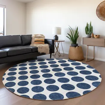 8' Navy Blue And Ivory Round Polka Dot Washable Indoor Outdoor Area Rug