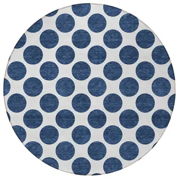 8' Navy Blue And Ivory Round Polka Dot Washable Indoor Outdoor Area Rug