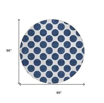 8' Navy Blue And Ivory Round Polka Dot Washable Indoor Outdoor Area Rug