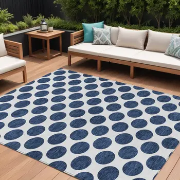 8' X 10' Navy Blue And Ivory Polka Dot Washable Indoor Outdoor Area Rug