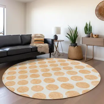 8' Peach And Ivory Round Polka Dot Washable Indoor Outdoor Area Rug