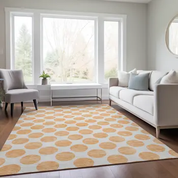 8' X 10' Peach And Ivory Polka Dot Washable Indoor Outdoor Area Rug