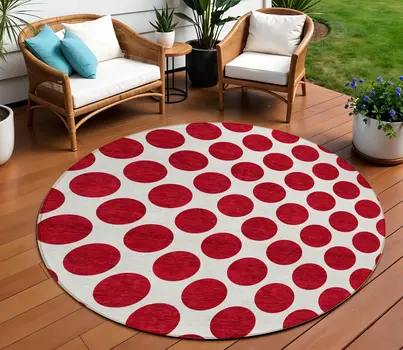 8' Red And Ivory Round Polka Dot Washable Indoor Outdoor Area Rug