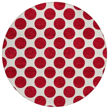 8' Red And Ivory Round Polka Dot Washable Indoor Outdoor Area Rug