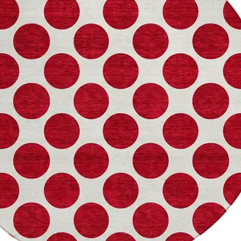 8' Red And Ivory Round Polka Dot Washable Indoor Outdoor Area Rug