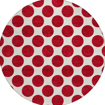 8' Red And Ivory Round Polka Dot Washable Indoor Outdoor Area Rug