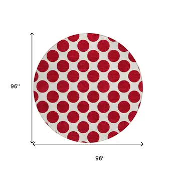 8' Red And Ivory Round Polka Dot Washable Indoor Outdoor Area Rug