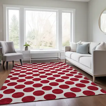 8' X 10' Red And Ivory Polka Dot Washable Indoor Outdoor Area Rug
