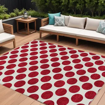 10' X 14' Red And Ivory Polka Dot Washable Indoor Outdoor Area Rug