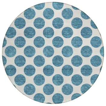 8' Teal Blue And Ivory Round Polka Dot Washable Indoor Outdoor Area Rug