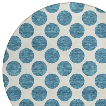 8' Teal Blue And Ivory Round Polka Dot Washable Indoor Outdoor Area Rug