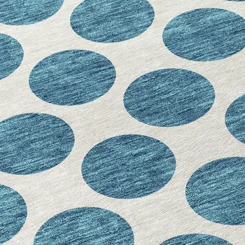 8' Teal Blue And Ivory Round Polka Dot Washable Indoor Outdoor Area Rug