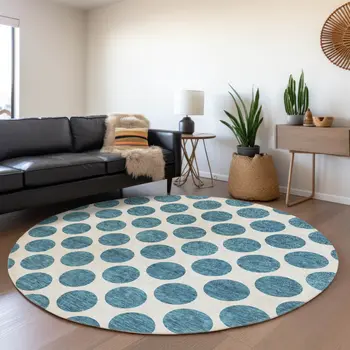 8' Teal Blue And Ivory Round Polka Dot Washable Indoor Outdoor Area Rug