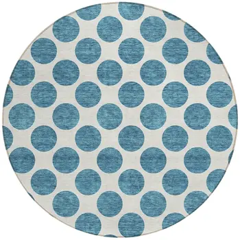 8' Teal Blue And Ivory Round Polka Dot Washable Indoor Outdoor Area Rug