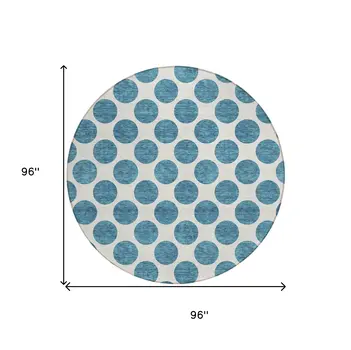 8' Teal Blue And Ivory Round Polka Dot Washable Indoor Outdoor Area Rug
