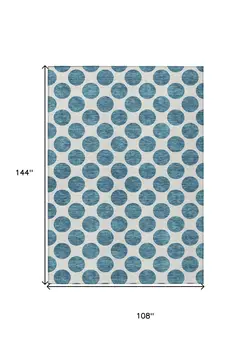 9' X 12' Teal Blue And Ivory Polka Dot Washable Indoor Outdoor Area Rug
