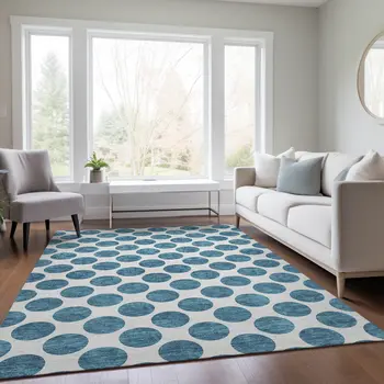 9' X 12' Teal Blue And Ivory Polka Dot Washable Indoor Outdoor Area Rug