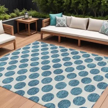10' X 14' Teal Blue And Ivory Polka Dot Washable Indoor Outdoor Area Rug