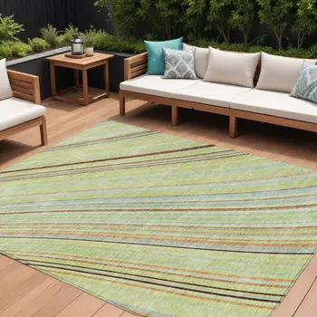 10' X 14' Sage Brown And Sky Blue Striped Washable Indoor Outdoor Area Rug