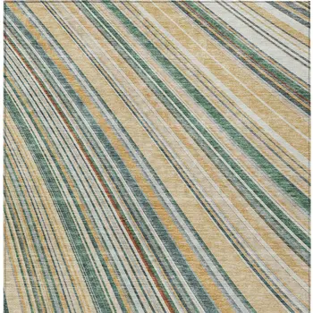 5' X 8' Beige Gold And Sage Striped Washable Indoor Outdoor Area Rug