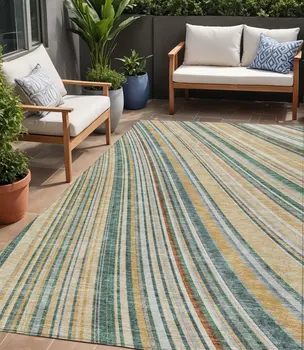 5' X 8' Beige Gold And Sage Striped Washable Indoor Outdoor Area Rug