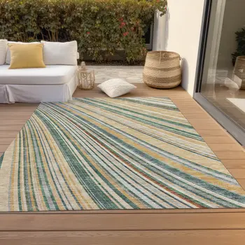 5' X 8' Beige Gold And Sage Striped Washable Indoor Outdoor Area Rug