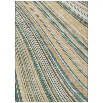 5' X 8' Beige Gold And Sage Striped Washable Indoor Outdoor Area Rug
