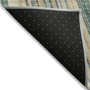 5' X 8' Beige Gold And Sage Striped Washable Indoor Outdoor Area Rug