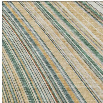 5' X 8' Beige Gold And Sage Striped Washable Indoor Outdoor Area Rug