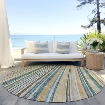 8' Beige Gold And Sage Round Striped Washable Indoor Outdoor Area Rug