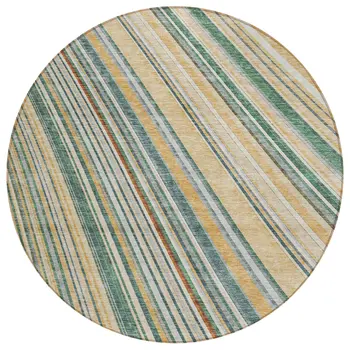 8' Beige Gold And Sage Round Striped Washable Indoor Outdoor Area Rug