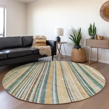 8' Beige Gold And Sage Round Striped Washable Indoor Outdoor Area Rug