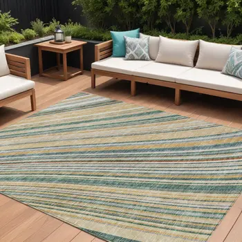 8' X 10' Beige Gold And Sage Striped Washable Indoor Outdoor Area Rug