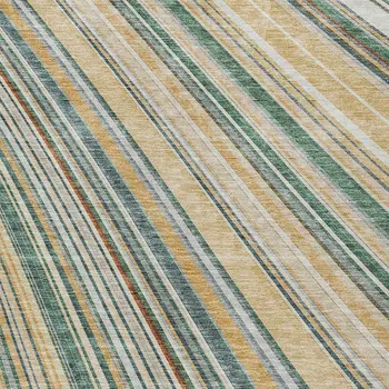 8' X 10' Beige Gold And Sage Striped Washable Indoor Outdoor Area Rug