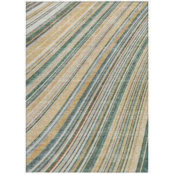 9' X 12' Beige Gold And Sage Striped Washable Indoor Outdoor Area Rug