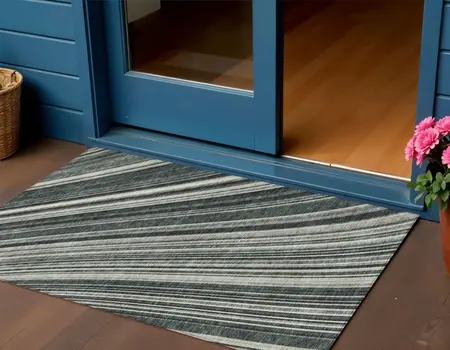 3' X 5' Black Gray And Ivory Striped Washable Indoor Outdoor Area Rug