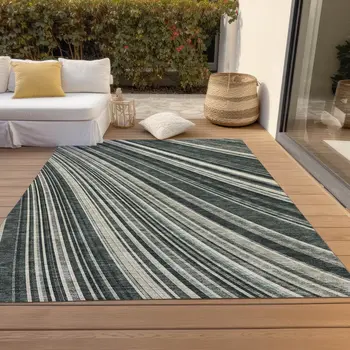 5' X 8' Black Gray And Ivory Striped Washable Indoor Outdoor Area Rug