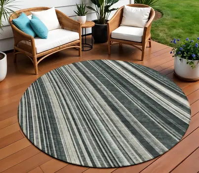 8' Black Gray And Ivory Round Striped Washable Indoor Outdoor Area Rug