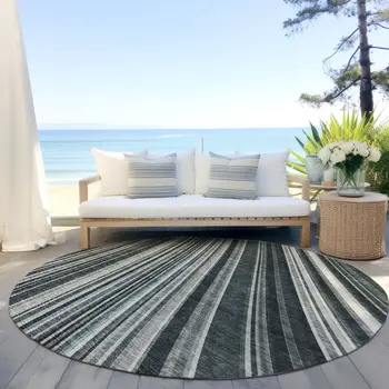 8' Black Gray And Ivory Round Striped Washable Indoor Outdoor Area Rug