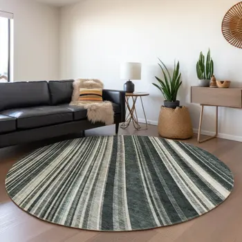 8' Black Gray And Ivory Round Striped Washable Indoor Outdoor Area Rug