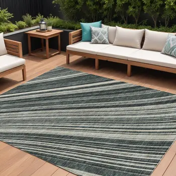 8' X 10' Black Gray And Ivory Striped Washable Indoor Outdoor Area Rug