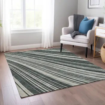 8' X 10' Black Gray And Ivory Striped Washable Indoor Outdoor Area Rug