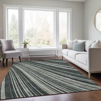 10' X 14' Black Gray And Ivory Striped Washable Indoor Outdoor Area Rug