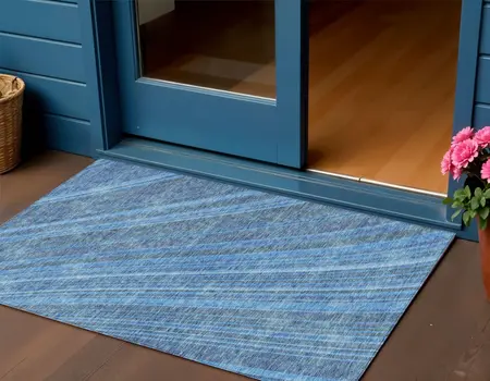 3' X 5' Blue Sky Blue And Gray Striped Washable Indoor Outdoor Area Rug