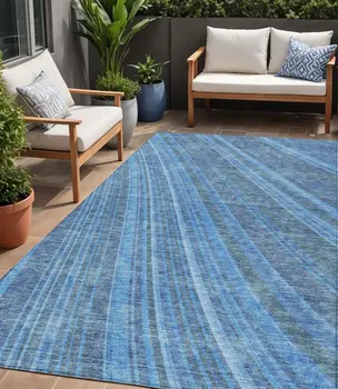 5' X 8' Blue Sky Blue And Gray Striped Washable Indoor Outdoor Area Rug