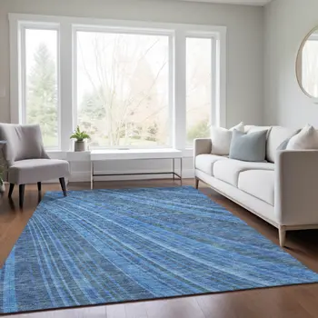 5' X 8' Blue Sky Blue And Gray Striped Washable Indoor Outdoor Area Rug