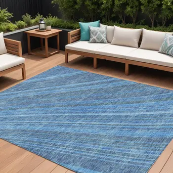 8' X 10' Blue Sky Blue And Gray Striped Washable Indoor Outdoor Area Rug