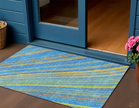 3' X 5' Denim Blue Sky Blue And Gold Striped Washable Indoor Outdoor Area Rug