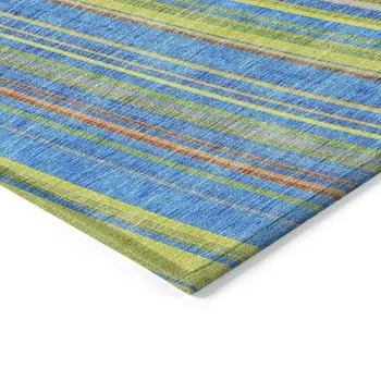 3' X 5' Denim Blue Sky Blue And Gold Striped Washable Indoor Outdoor Area Rug
