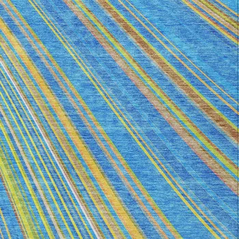 3' X 5' Denim Blue Sky Blue And Gold Striped Washable Indoor Outdoor Area Rug